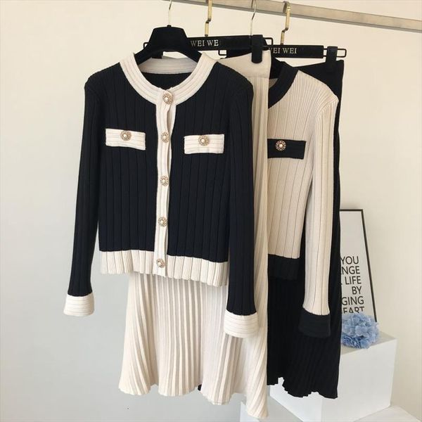 

chic office single breasted pearl women tracksuits buttons cardigan sweater pleated long skirt suit autumn winter knitted 2 piece set, Gray