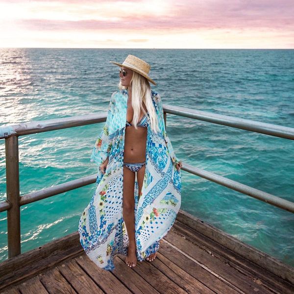 

womens boho blouses style long sleeve beach summer chiffon striped floral kimono cardigans femme harajuku blusa feminina dames ropa, White