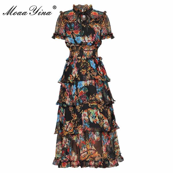 

fashion designer runway dress summer women dress stand collar print elastic waist cascading ruffle vintage dresses 210524, Black;gray