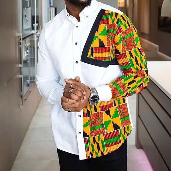 

men's casual shirts color block man shirt geometric print slim single-breasted tee african 2021 gentlemen work business, White;black