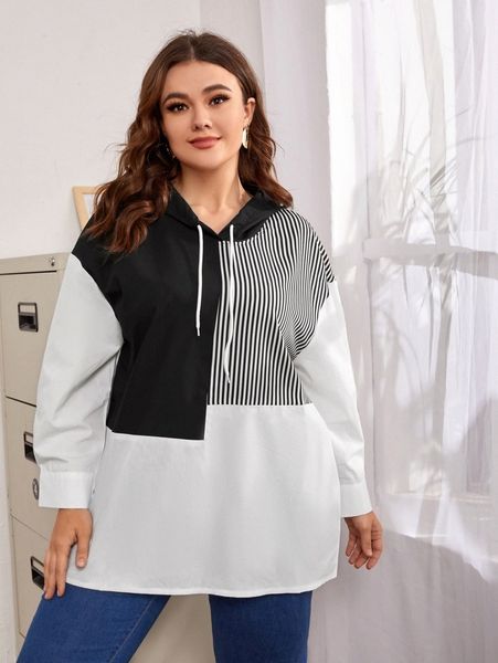 

plus striped print drop shoulder colorblock drawstring hoodie 18oy#, Black