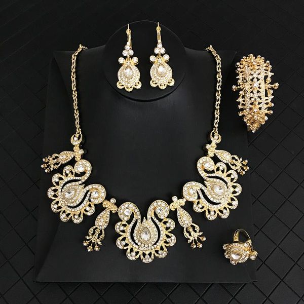 

earrings & necklace luxury bride full crystal bracelet set jewelry handmade carving metal flower brand design wedding, Silver