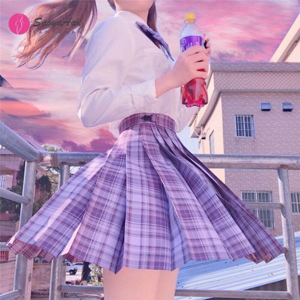 

clothing sets [grape soda] purple plaid skirts jk school uniform japanese girls summer high waist pleated women dress for students girl, White