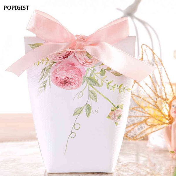 100 adet Düğün Lüks Şeker Kutuları Beyaz / Pembe Çiçekler Hediye Kutusu Parti Çikolata Kutusu + Şerit Üç Tasarımlar H1231