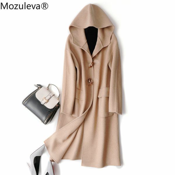 

camel color double-sided cashmere coat women's winter mid-length loose slimming woolen wiht cap 210427, Black