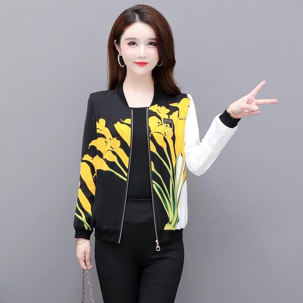 

women's jackets women retro floral printed ladies zipper up bomber outwear spring long sleeve short thin slim casual pocket biker coats, Black;brown