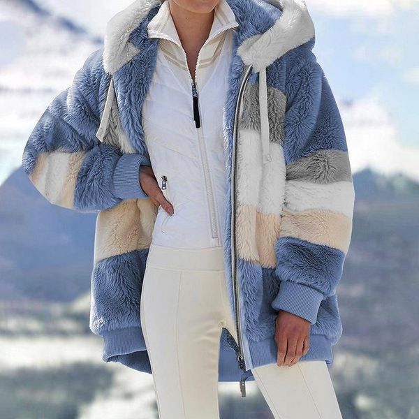 

women's jackets coat 2021 winter loose casual long sleeve zipper plush stitching hooded cardigan women fall jacket for s-5xl, Black;brown