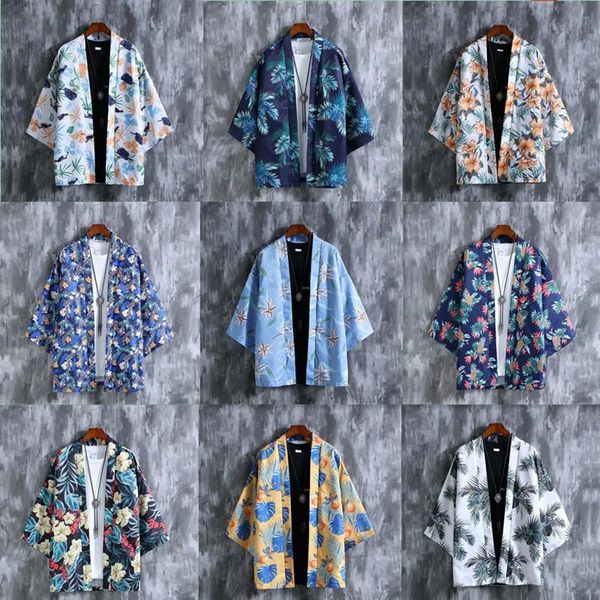 

men's casual shirts chinese style robe, sun protection coat, seven-minute sleeve lovers, japanese style, kimono, loose and thin cardiga, White;black
