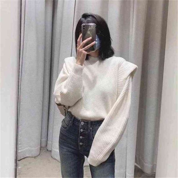 

office lady elegant casual style white women sweater sweet butterfly sleeve ruffles solid simple winter clothes 210922, White;black