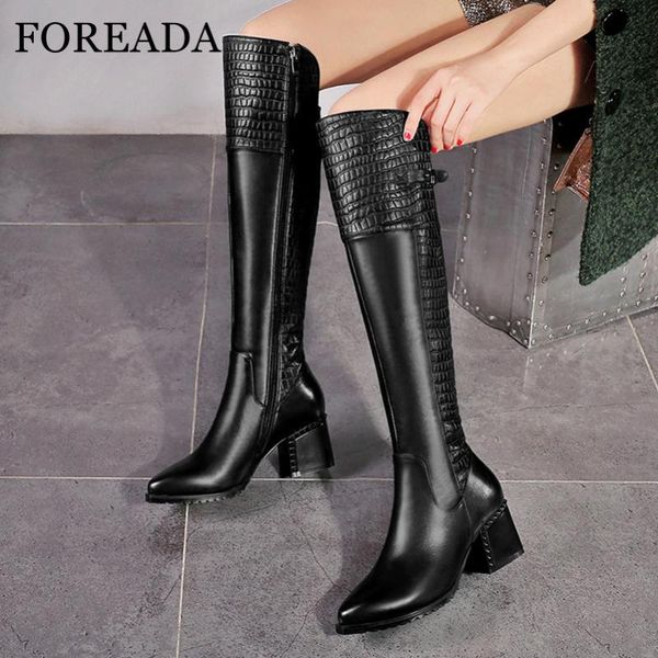 

boots foreada pointed toe knee high real leather heel woman buckle chunky shoes zip long ladies black 42