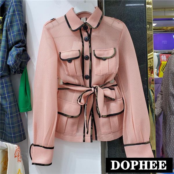 

women's jackets 2021 fashion autumn grid pink lace-up waist elegant jacket multi-pocket slim-fit mesh handsome women coats, Black;brown