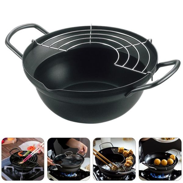 

pans 1 set japanese style deep fryer pan household frying pot with oil drainer rack