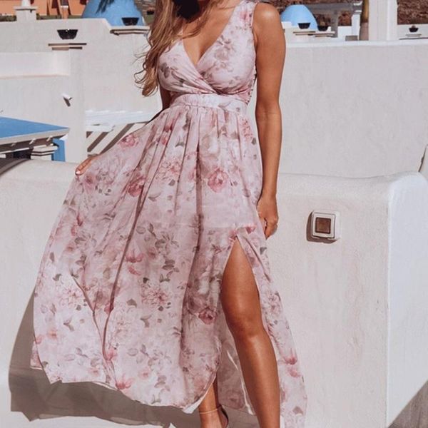 

casual dresses 2021 summer women dress v-neck high waist elegant floral print slit hem sleeveless long beach party wear, Black;gray