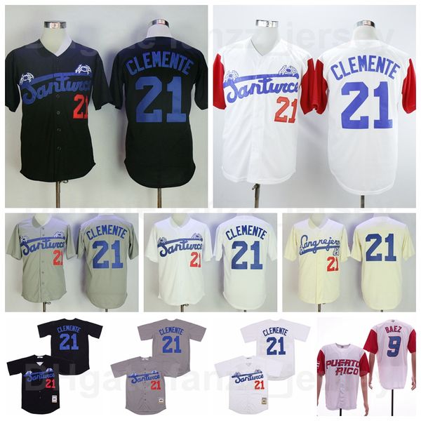 

moive santurce crabbers baseball 21 roberto clemente jersey 9 javier baez puerto rico all stitching black white grey beige team color breath