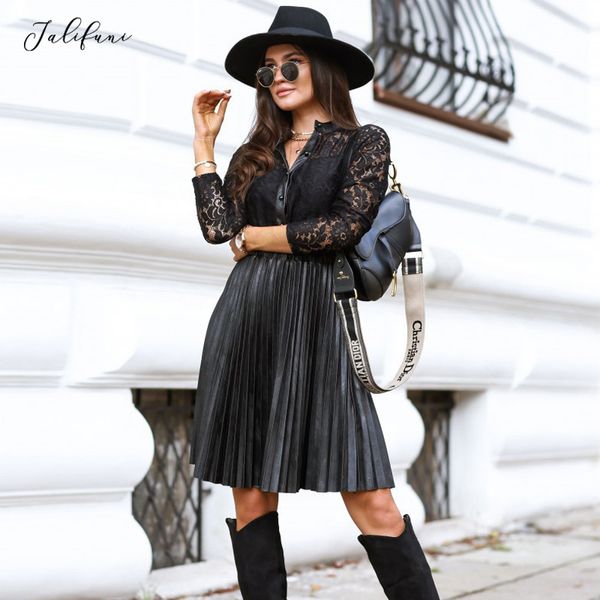 

button up shirt dress black ladies embroidery lace pu faux leather a line ruched fall autumn clothes for women new arrival 210415, Black;gray