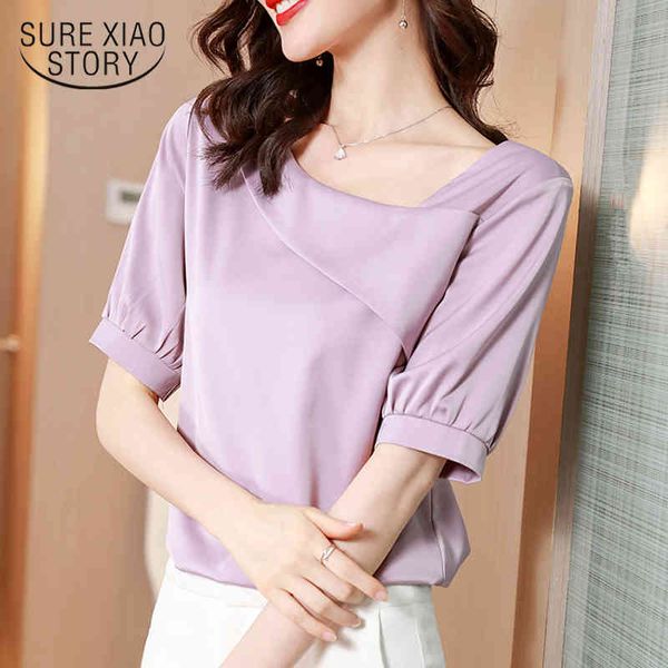 

office lady skew collar satin shirts summer short sleeve silk women blouse and plus size female clothing 13906 210415, White