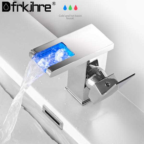 

bathroom waterfall led basin faucet brass temperature colors change single handle mixer tap deck mounted wash sink glass taps faucets
