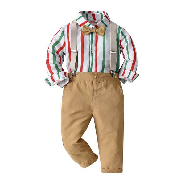 

boys clothing sets boy suit children clothes kids wear autumn winter long sleeve striped shirt christmas suspenders trousers pants casual 2p, White