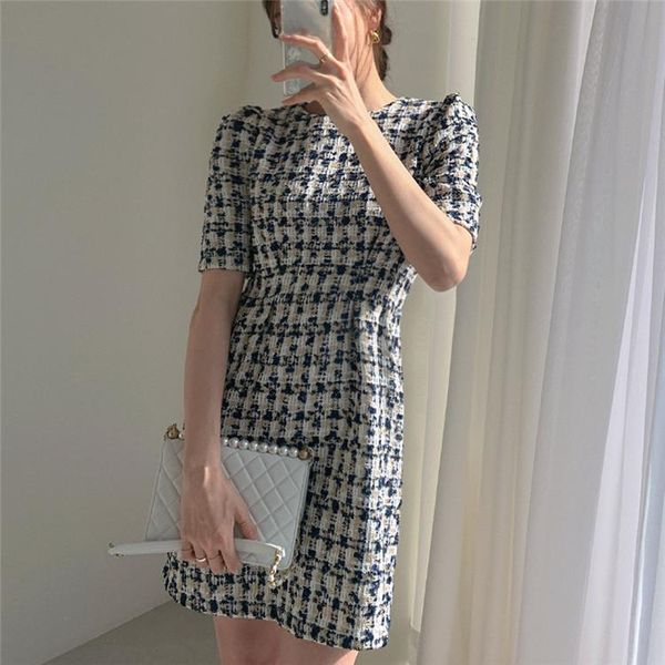 

casual dresses zcwxm elegant women's summer fashionable high waist 2021 puff sleeve plaid vintage mini dress dr115, Black;gray