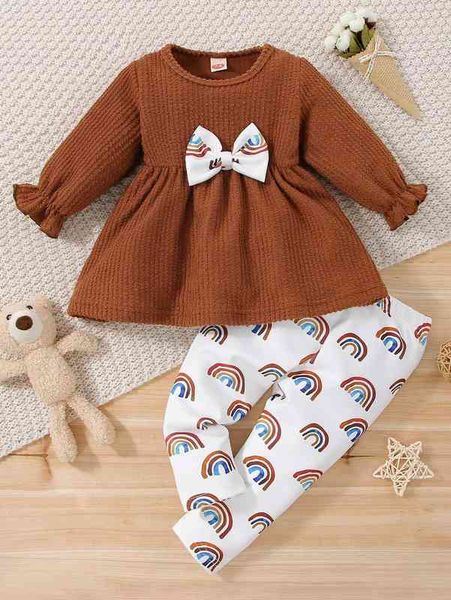 

baby rainbow print bow flounce sleeve & leggings she, White