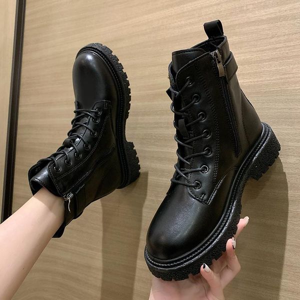 

boots zipper shoes women's leather round toe clogs platform boots-women luxury designer ankle ladies lolita med autumn rubber 20, Black