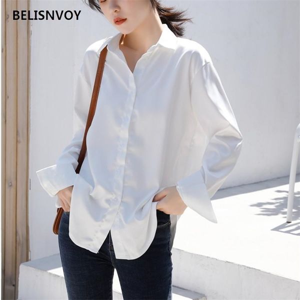 

women blouse vintage turn-down collar satin shirts female shirt blouses long sleeve front buttons tunic 210520, White