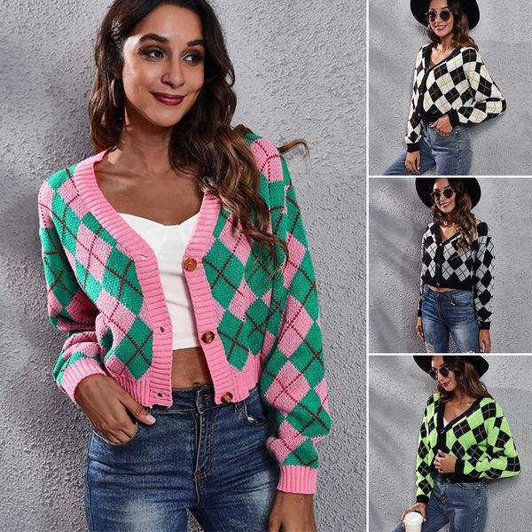 

women's knits & tees rhombic check diamond knit cardigan short sweater women's loose wear, White