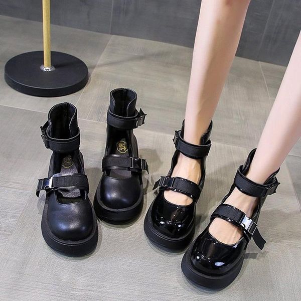 Stiefel Sommer Frauen Plattform Moto Student Mädchen Block High Heels Runde Kappe Mönch Riemen Knöchel-riemen Flatform Boot Sandalen