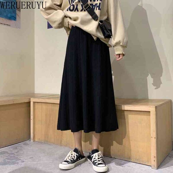 

werueruyu elastic band women skirts autumn winter warm knitted straight skirt ribbed mid-long skirt black 210608