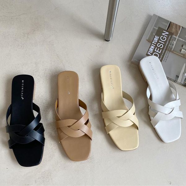 

slippers 2021 elegant women cross weave design open toe all-match flat low slides summer outdoor comfortable lazy sandals, Black