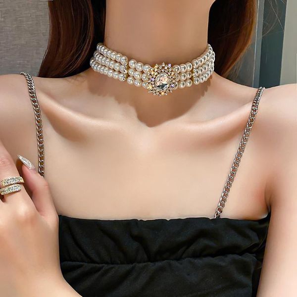 Choços na moda na moda gravatas curtas multi-linha goth pérola colar para mulheres cristal incrustado rhinestones chocker moda jóias menina presentes