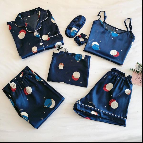 

pajamas 3 amp 7 womens sleepwears pieces sets satin pijama silk home wear embroidery sleep lounge pyjama with chest, Black;red