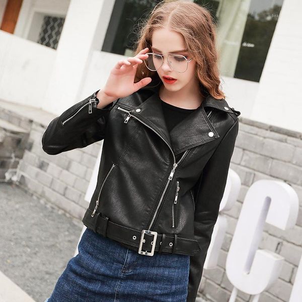 

women black short pu faux leather zipper jackets female slim long sleeve turn-down collar washed coats l1651130 women's &