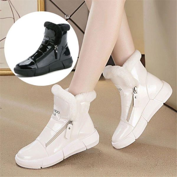 

boots winter fashion ankle for women platform warm snow soft leather comfortable flats round toe cotton shoes black white