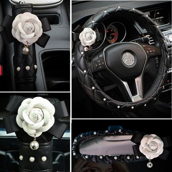 

crystal rhinestones camellia flower car interior accessories women leather steering wheel cover hand brake gear seat belt covers