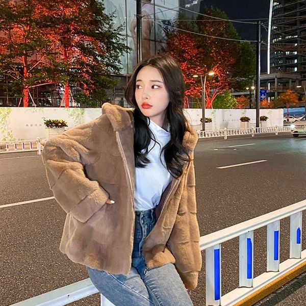 

women's fur & faux fashion coat winter jacket 2021 leather clothes nelz plush thin short, Black