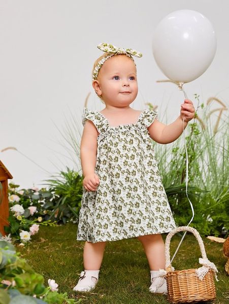 

baby allover floral print ruffle trim dress without headband she, Red;yellow
