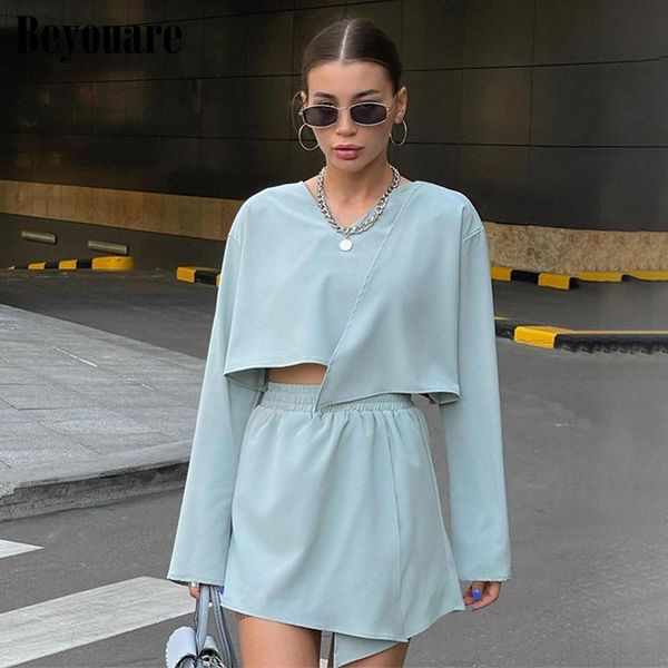 

women's tracksuits beyouare autumn fashion shorts suit asymmetrical two piece set v neck long sleeve cropped and chic solid, Gray