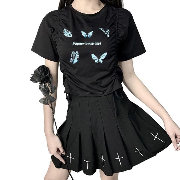 

women's t-shirt women ruched crop adults butterfly pattern short sleeve round neck side drawstring, White