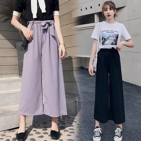 

women's pants & capris korean student high waist wide leg long casual streetwear wild elastic drawstring trousers 2021 chiffon pant, Black;white