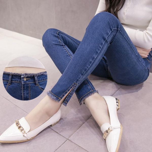

women's jeans spring waist slim pencil elastic small leg split, Blue