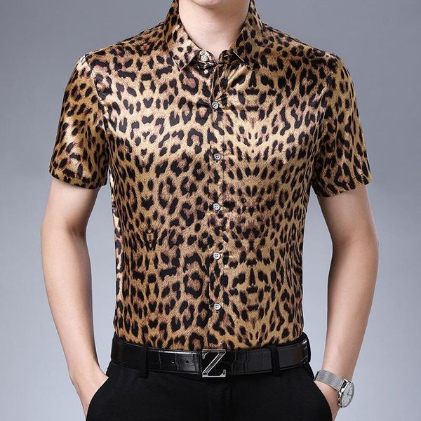 

men's casual shirts silk satin leopard printed shirt male slim fit short sleeve print party club -3xl, White;black