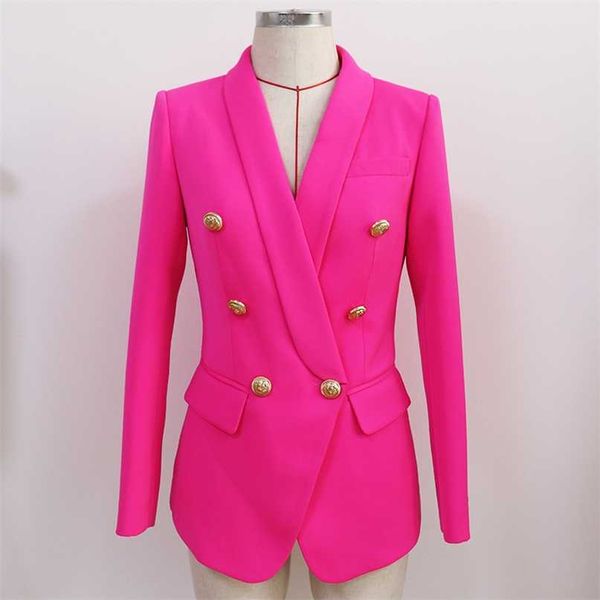 

designer classic blazer jacket women's slim double breasted metal lion buttons shawl collar pink 211019, White;black