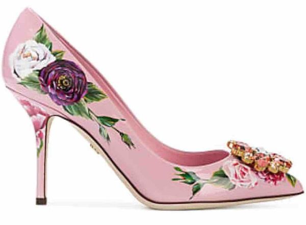 

women flower high heels thin heel diamond pumps party shoes crystal dress bohemian print leather, Black