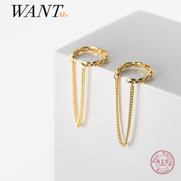 

wantme genuine 925 sterling silver punk cuban link chain clips ring for women rock ear cuff piercing jewelry accessories, Golden