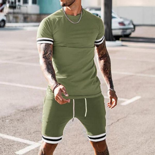 

men's tracksuits summer men tracksuit set contrast color patchwork short sleeve t-shirt drawstring shorts fitness, Gray