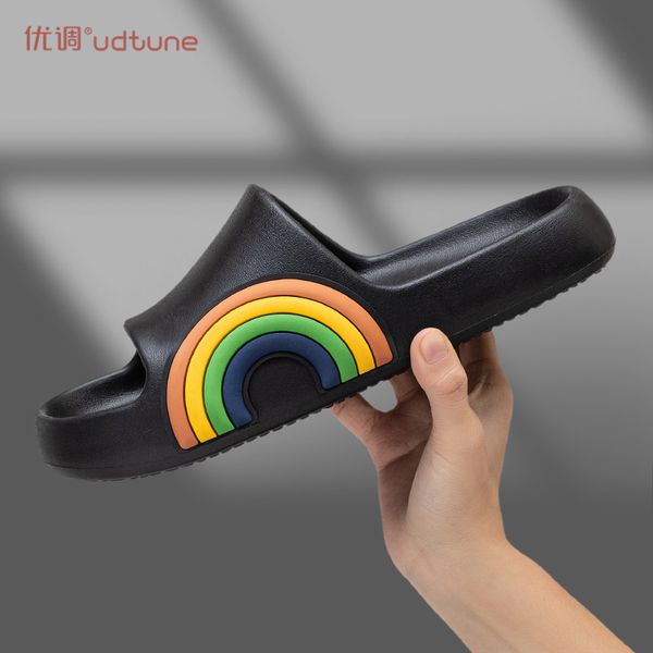 

fashion men's slippers rainbow indoor shoes leak bathroom slides summer sandals for men soft eva non-slip women house slipper y0427, Black
