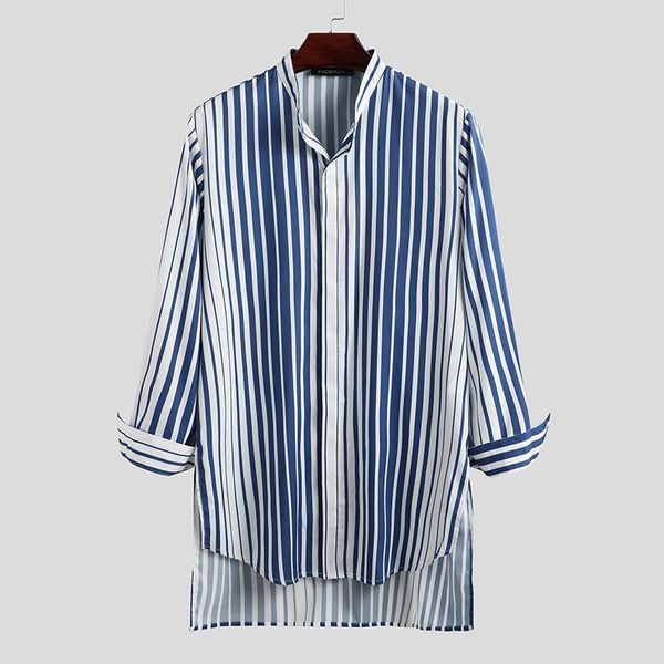 

striped men shirt long sleeve 2021 stand collar streetwear casual irregular shirts kurtas fashion camisas plus size incerun men's, White;black