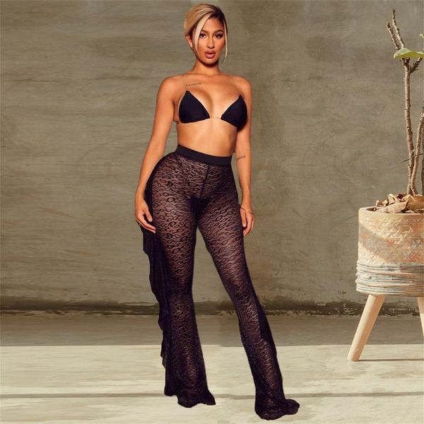 

women's pants & capris tnnaoff lace ruffles bodycon flare for women club birthday clothing fall high waist streetwear casual trouser, Black;white