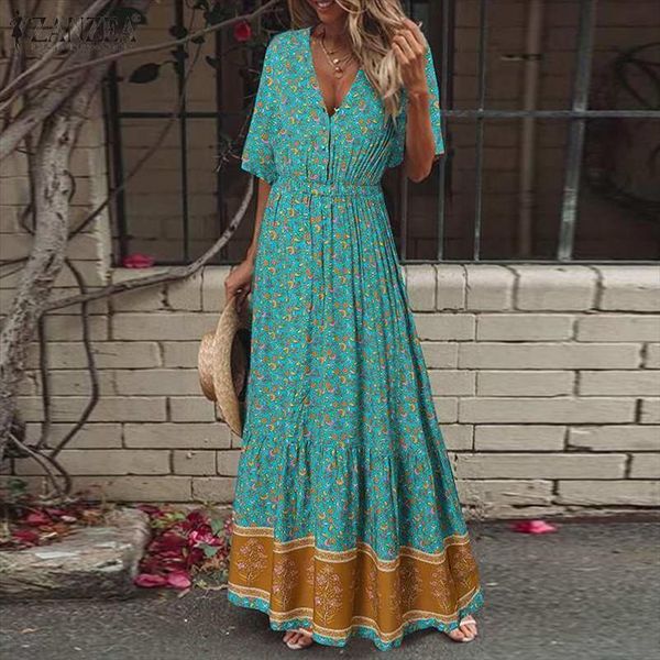 

bohemian holiday sundress summer womens dresses floral printed beach robe femme v neck short sleeve maxi long vestido kaftan, Black;gray